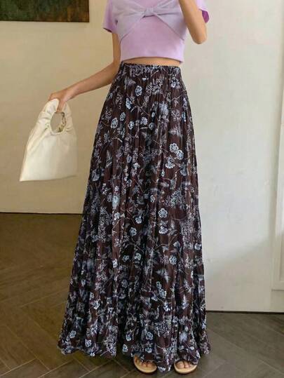  EARO Elegant Women's Floral Print Long Dress, Pleated Design, Non-Stretch Fabric, Suitable For Daily Wear, Fashion, Elegant, Versatile, Loose And Slimming Vacation Spring