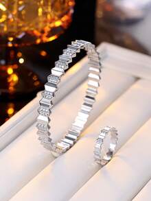 Bộ 2 chiếc vòng tay và nhẫn đính đá Zirconia hình học, phụ kiện thời trang cao cấp độc đáo, trang sức tinh tế đa năng cho công sở và đi làm. - bộ nhẫn vòng tay - Xem 7