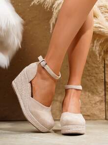 Women's Comfortable Non-Slip Buckle Round Toe Platform Wedge Shoes, Spring/Summer - Apricot - View 7