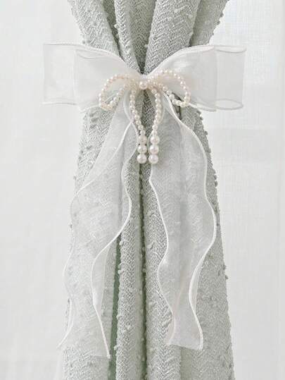 1件/2件/4件装法式珍珠蝴蝶结窗帘绑带，配珍珠蝴蝶结胸针，乡村风格家居装饰，生日、毕业礼物