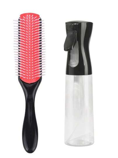 2pcs Brush Set, 9-Row Nylon Cushion Brush, Tail Comb, Suitable For African American Hair Types Including Curly, Wavy, Coily, Wet/Dry/Oily/Thick/Long Hair. This Brush Set Includes An Easy-To-Use Brush For 3a To 4c Curly, Wavy, Coily Hair Of African Americans, Suitable For Wet And Dry Hair, Easily Detangling. The Set Also Includes A 200ml Spray Bottle.