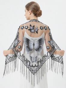 1pc Women's Lace Butterfly Rose Handmade Tassel Triangle Scarf, Fashionable And Elegant Ladies' Spring/Summer Versatile Floral Print Shawl, Lightweight Breathable Sunscreen Scarf/Headscarf - Multicolor - View 2