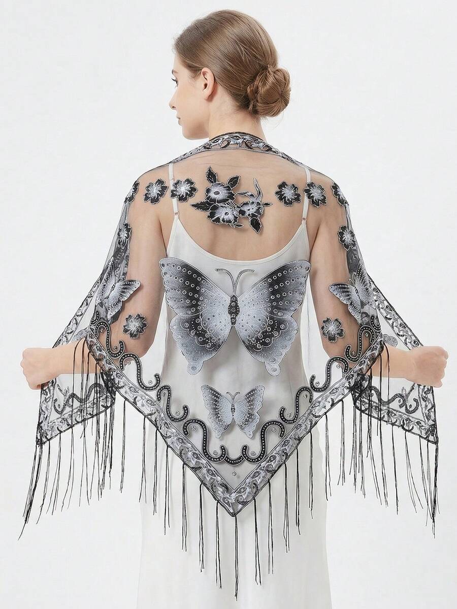 1 pieza Bufanda triangular de mujer con borlas, encaje, mariposa y rosa, hecha a mano, de estilo elegante y de moda para primavera/verano, estampado floral versátil, ligera y transpirable, para protección solar, playa, vacaciones - Multicolor - Ver 1