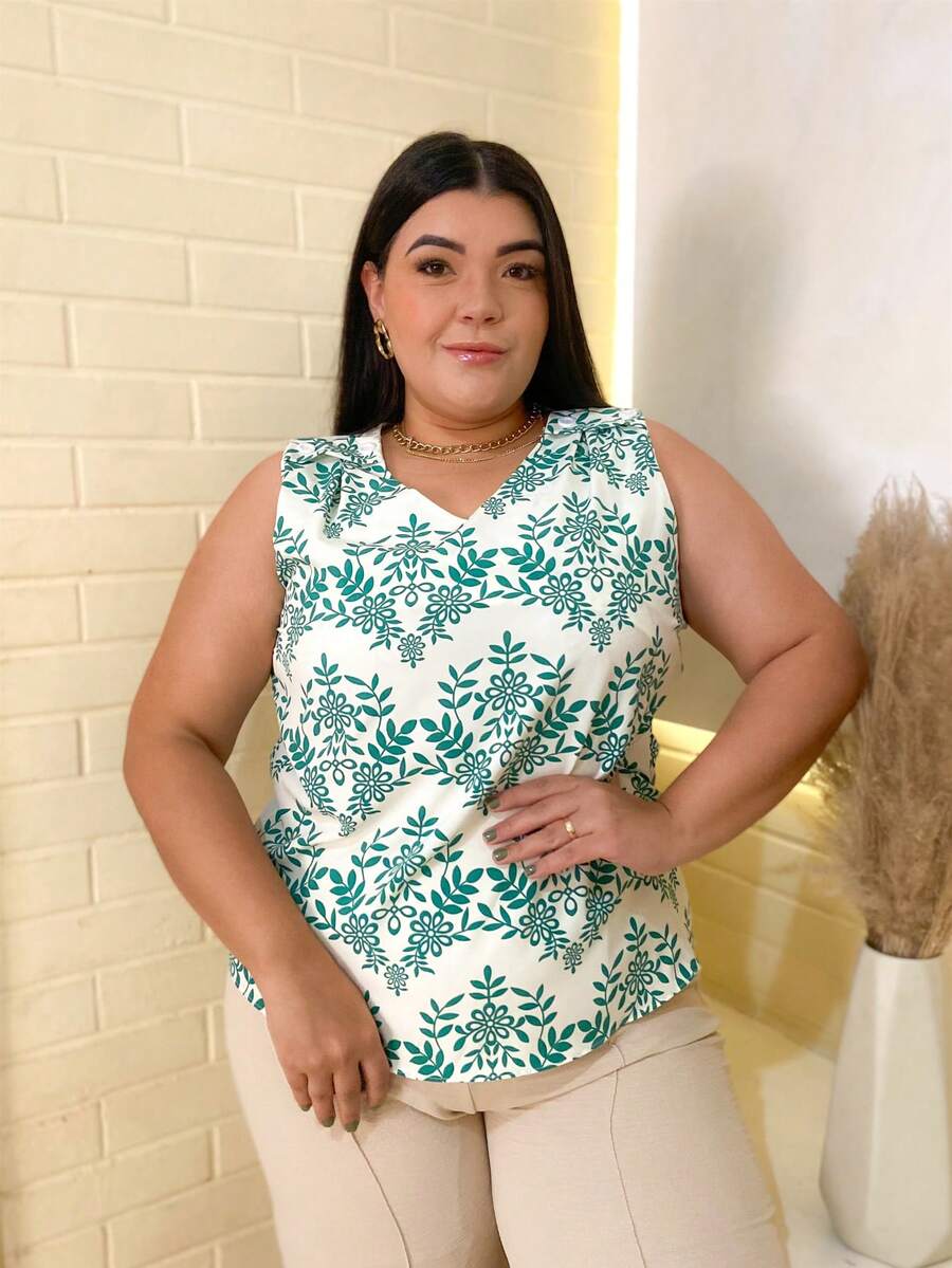 Plain Tank Top, Sleeveless Blouse, Plain Crepe Fabric, With 4 Buttons, Plus Size G1G2G3 46-52, Casual Women's - 66-B/綠色 - 查看 1