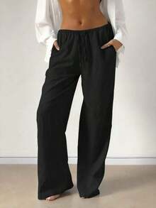 Pantalones anchos de lino sueltos, cómodos y versátiles para mujer, color blanco, para primavera - Negro - Ver 3