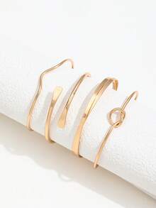 4pcs Fashionable Minimalist Knotted V-Shaped Open Bangle Bracelets, Versatile Stackable Adjustable Bracelet Set For Women - Gold - View 3