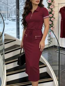 春夏新款女士酒红色 Polo 领半拉链短袖 T 恤，撞色条纹袖口，搭配抽绳腰带拉链口袋前开衩铅笔裙两件套运动休闲套装 - 酒紅色 - 查看 5