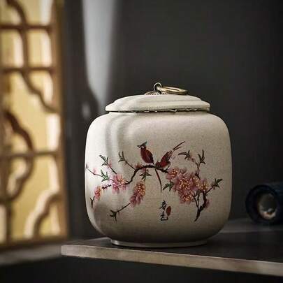 1pc Vintage Warm Yellow Thick Ceramic Tea Canister, Airtight Storage Jar, Ideal For Office Decor, Great Gift For Father, Complement To Tea Sets, Ceramic Dry Fruit Canister, Back To School Season