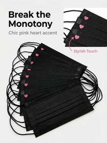 Black 3-Layer Non-Woven Face Mask With Heart Print, Fashionable Disposable Protective Mask For Daily Use, 10Pcs - Black Black Black - View 3