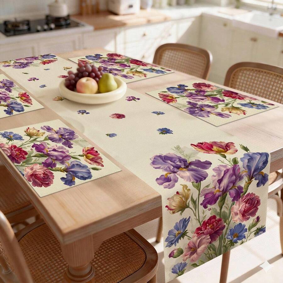 1条花卉图案桌旗,复古风格,适合日常家居厨房装饰。1条桌旗,4个餐垫,1个靠垫套,桌旗和餐垫套装。多种产品组合可选,适用于家居装饰、室内/室外派对用品、房间装饰。 - 彩色 - 查看 1