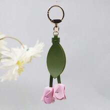 Tulip Handmade Leather Goods, Flower Bag Pendant, Keychain, Homemade Hand Sewn Car Key Pendant Floral Bridesmaid Gifts - Pink - View 2