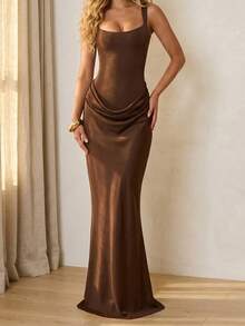 Đầm dạ hội nữ gợi cảm, lãng mạn, không tay, dây mảnh, chất liệu polyester, dáng maxi, màu nâu cổ điển thanh lịch, hơi co giãn, thích hợp cho mùa xuân và đám cưới. - màu nâu - Xem 8