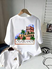 CASA T-Shirt With Moroccan Architectural Motif, Holiday Style, Men's T-Shirt, Pure Cotton, Loose And Casual Fit, Comfortable And Versatile, Outdoor Sportswear, Men's Summer Clothing, Suitable For Everyday Wear And Holiday Travel, A Great Gift For Men. - 白色 - 查看 1