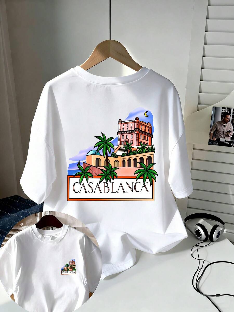 CASA T-Shirt With Moroccan Architectural Motif, Holiday Style, Men's T-Shirt, Pure Cotton, Loose And Casual Fit, Comfortable And Versatile, Outdoor Sportswear, Men's Summer Clothing, Suitable For Everyday Wear And Holiday Travel, A Great Gift For Men. - 白色 - 查看 1