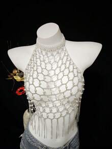 Khăn choàng mới Xuân/Hè 2026, phụ kiện bikini, dây đeo cơ thể unisex, đồ lót gợi cảm, vòng cổ ngọc trai, áo ngực trong suốt độc đáo trang trí cho tiệc tùng, lễ hội âm nhạc, hộp đêm, bãi biển, kỳ nghỉ. - ngọc trai - Xem 9