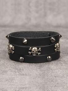 1件极简合金花朵铆钉皮革手链，朋克风格男女通用可调节手镯 - 黑色 - 查看 17