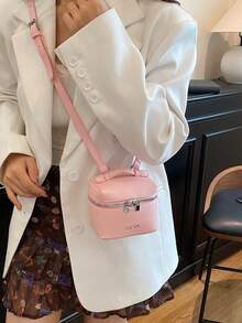 迷你荔枝纹理盒子包，少女手提包/斜挎包，柔软便携口红袋 - 粉色 - 查看 6