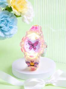 2pcs/Set Gift Cartoon Kids Cute Glowing Butterfly Soft Silicone Strap Pointer Quartz Watch, Creative Pattern For Girl Student - Pink - View 3