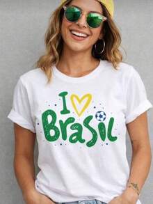 Women's T-Shirt Copa Brasil Women's I Love Brazil Stylish 2026 100% Cotton Short Sleeve Round Neck Summer Style - 白色 - 查看 2