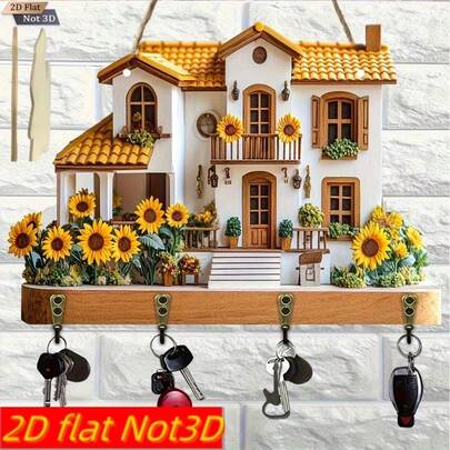 1 pieza Perchero de llaves de madera con diseño de girasol, perchero de madera multiusos para llaves con 4 ganchos de metal, decoración de pared, decoración de entrada, decoración de habitación, decoración de villa, decoración del hogar durante todo el año [2D Plano]