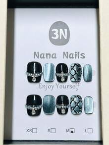 1package/10pcs-Edgy Black & Blue Cat Eye Press On Nails | Quilted Pattern & Pearl Chain Fake Nails - Multicolor - View 8