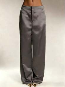 Women's Satin Silk Solid Color Pants With Pockets And Zipper, Suitable For Vacation, Office, Brunch, Airport , All Seasons Black Spring - 灰色 - 查看 5