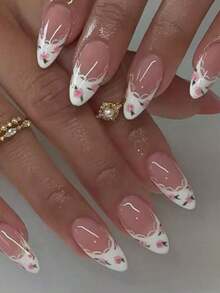 24pcs Medium Almond Shaped Nail Stickers, White French Pointed Tip, Floral Pattern, Fashionable Full Coverage, Suitable For Women & Girls Daily Wear, Summer Nail Art Nails Nail Supplies - 多色 7 - 查看 1