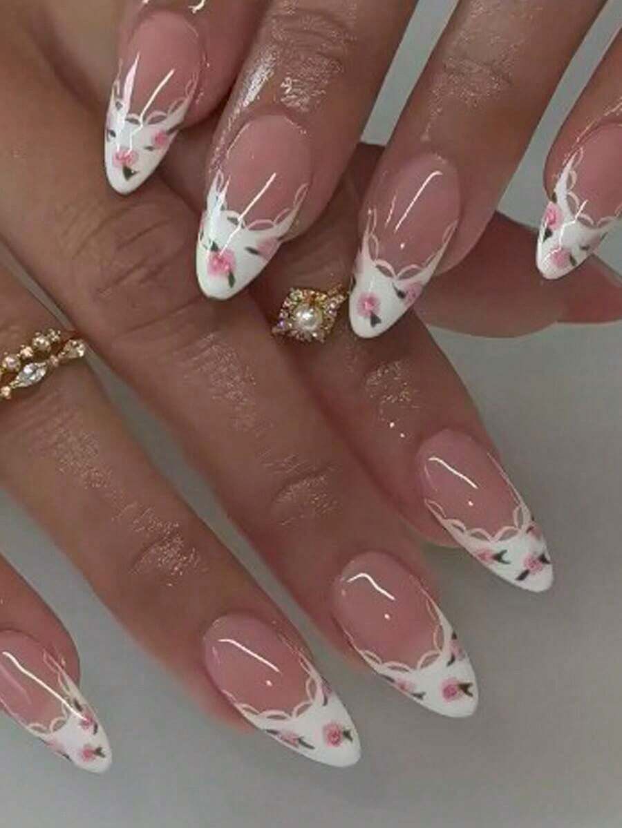 24pcs Medium Almond Shaped Nail Stickers, White French Pointed Tip, Floral Pattern, Fashionable Full Coverage, Suitable For Women & Girls Daily Wear, Summer Nail Art Nails Nail Supplies - 多色 7 - 查看 1
