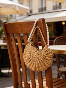 Crochet Shell Straw Bag With Pearl Chain, Bohemian Woven Crescent Handbag, Detachable Faux Pearl Strap Beach Bag For Summer, Ideal For Vacation, Wedding & Daily Outfits, Suitable For Women, Brides & Fashion Enthusiasts, Perfect For Spring Break, Beach Trips & Gifting, Versatile As Shoulder Bag, Clutch & Bridal Accessory - Multicolor - View 9