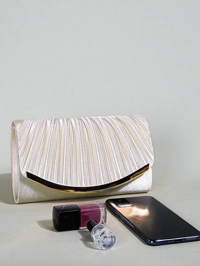 Bridal Elegant Satin Pleated Fan Clutch, Removable Gold Chain Evening Bag For Wedding Photoshoot & Reception,Bridesmaid Fan Pleated Satin Evening Clutch, Metallic Bar Accent Handbag For Bachelorette Party & Bridesmaid Proposal,Prom Queen Champagne Pleated Fan Clutch, Gold Chain Crossbody Purse For Homecoming Dance & Graduation Ceremony
