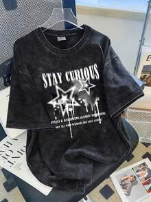 2026夏季新款女式休闲宽松圆领复古做旧星形印花流苏设计街头时尚百搭水洗短袖T恤 黑色 - 黑色 - 查看 1