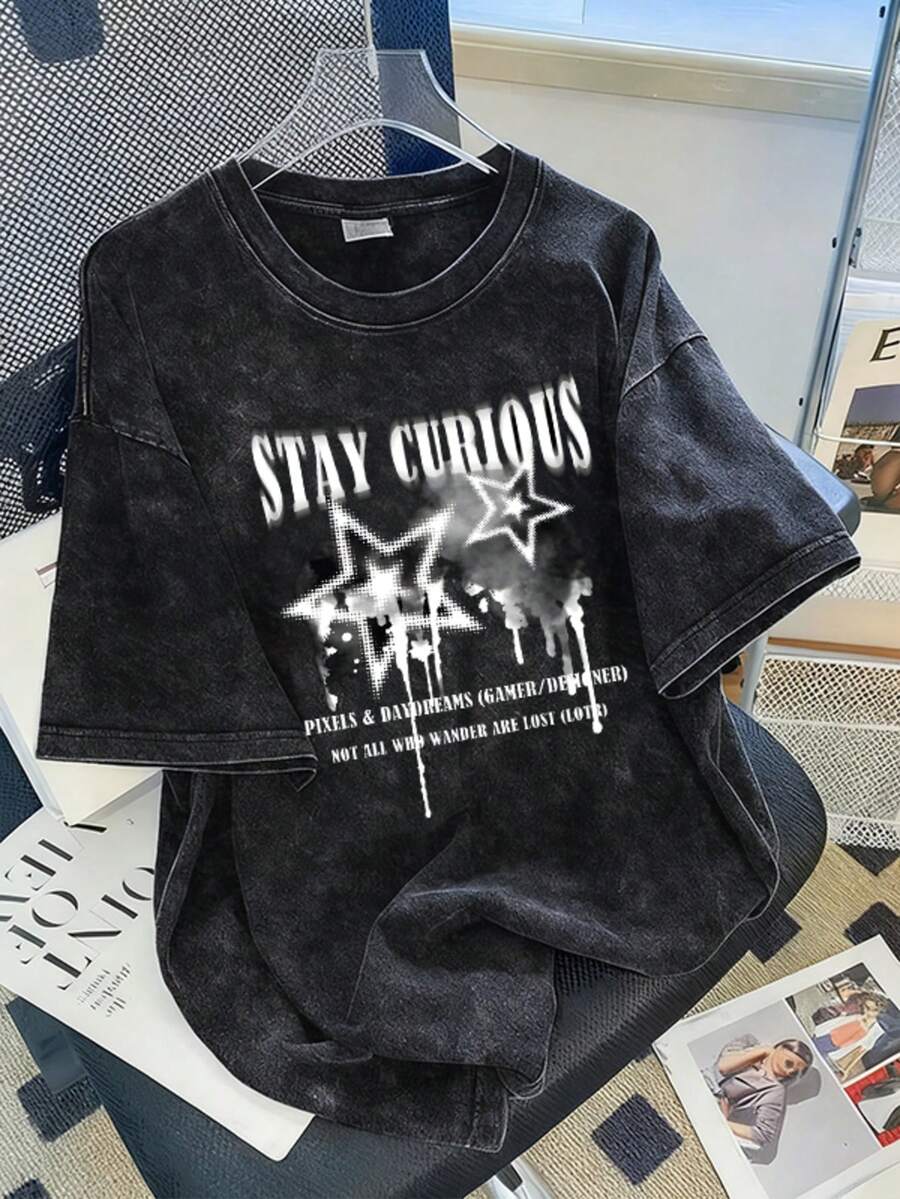 2026夏季新款女式休闲宽松圆领复古做旧星形印花流苏设计街头时尚百搭水洗短袖T恤 黑色 - 黑色 - 查看 1