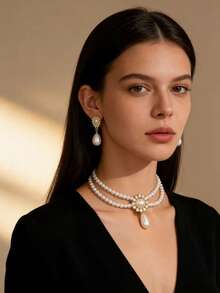 3 piezas Conjunto de joyería elegante y lujoso de estilo palaciego vintage, que incluye collar y aretes, adecuado para uso diario, uso en fiestas o como regalo para mujeres - Multicolor - Ver 7