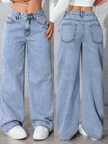 女士浅蓝色阔腿牛仔裤，适合万圣节、圣诞节、新年、感恩节等场合，水洗效果，无弹力面料，带口袋、拉链和纽扣细节，长款休闲风格，无弹力，休闲优雅的春季装扮。 - 藍色 - 查看 1