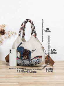 1 chiếc (cắt ngẫu nhiên) Túi xách tay/đeo vai hình voi dệt thủ công phong cách Bohemian, đa chức năng, nhiều ngăn, có thể dùng làm túi xách tay hoặc túi đeo chéo 2 trong 1. - Màu be - Xem 2