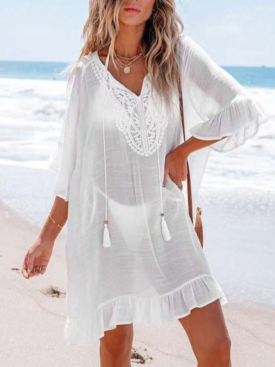 Đầm nữ màu trắng kiểu Bohemian dáng chữ A dài đến đầu gối, tay lỡ 3/4, kiểu dáng thanh lịch, thích hợp mặc đi biển mùa xuân. - Pearl White - Xem 1