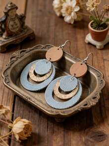 复古木质牛仔蓝色圆形耳环，波西米亚风闪亮牛仔多层独特设计耳环 - 牛仔藍 - 查看 5