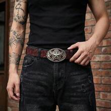 1 pieza Cinturón casual de estilo vintage occidental para hombres con hebilla metálica en forma de estrella de cinco puntas, patrón de relieve floral irregular en color aleatorio, adecuado para uso diario - Rojo en relieve - Ver 3