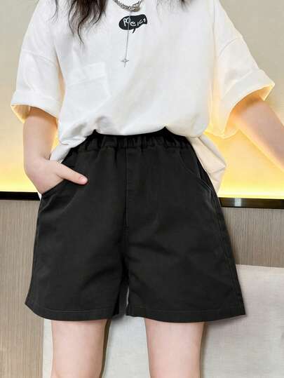 1件装少女休闲百搭舒适户外运动街头风短裤，夏季