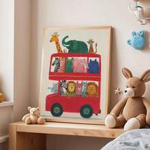 1幅帆布墙画，动物巴士主题儿童房墙画，野生动物园主题儿童房装饰，丛林主题儿童房装饰，红色伦敦巴士艺术印刷品，游戏室海报，婴儿房墙画，婴儿房装饰海报，幼儿园装饰 - 彩色 - 查看 9