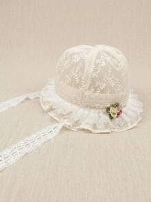 1顶幼儿女童米色蕾丝蝴蝶结遮阳帽，透气防紫外线公主风刺绣儿童帽 - 1PC - 查看 12