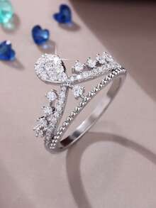 1 chiếc nhẫn nữ thanh lịch - Nhẹ nhàng, thiết kế tối giản, đá Zirconia hình vương miện lấp lánh tinh tế, thích hợp cho các cặp đôi, cầu hôn, đám cưới và các dịp đặc biệt. - Bạc - Xem 1