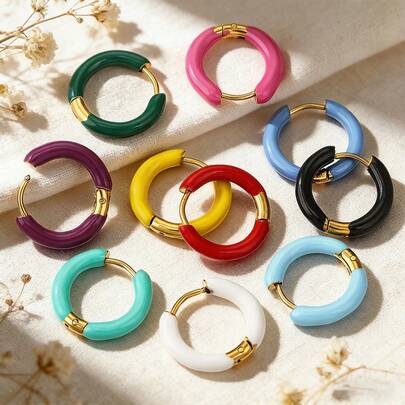 2pcs Stainless Steel Colorful Earrings, Minimalist Personalized Enamel Round Earrings, Small Versatile Earrings