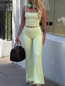 Women's Solid Color Minimalist Casual Camisole & Pants Set Summer - Green - View 4