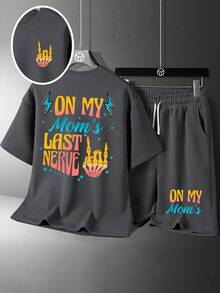 Conjunto juvenil masculino com camiseta de manga curta, gola redonda e shorts com estampa de desenho animado. - Cinza escuro - Ver 1