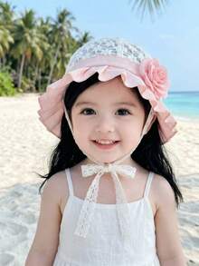 1顶白色蕾丝花童遮阳帽，透气防紫外线公主风刺绣儿童帽 - 1PC - 查看 9