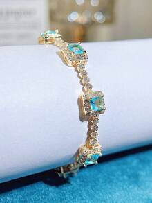 SEQUITO 1pc Delicate Wrist Pendant Bracelet Gold Plated Pave Setting Square Shape Blue AAA Cubic Zirconia Women Clothing Jewelry - 18.5 cM - View 15