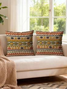 1/2/4pcs,Bohemian Vintage Style Pillowcases, Geometric Pattern Contrast Color Printed Cushion Covers,Single-Sided Print, Machine Washable, Zipper Closure, Pillow Insert Not Included, Suitable For Sofa, Living Room - Coral Orange - View 6
