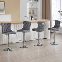 Velvet Bar Stools Set Of 2, Height Adjustable Breakfast Bar Stool, Counter Modern High Chair With Lion Knocker, Suitable For Bars Kitchens And Breakfast Counters, Grey - Dark Grey - View 3