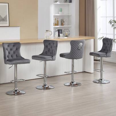 Chummaven Modern Bar Stools Set Of 2, Velvet Height Adjustable Breakfast Bar Stools, Lion Head Decor Tufted Curved Ergonomic Backrest Luxury Bar Chairs, Rivet Decor Thickened Seat Cushion Metal Base Silver Footrest Chairs, For Dining Room Living Room Kitchen
